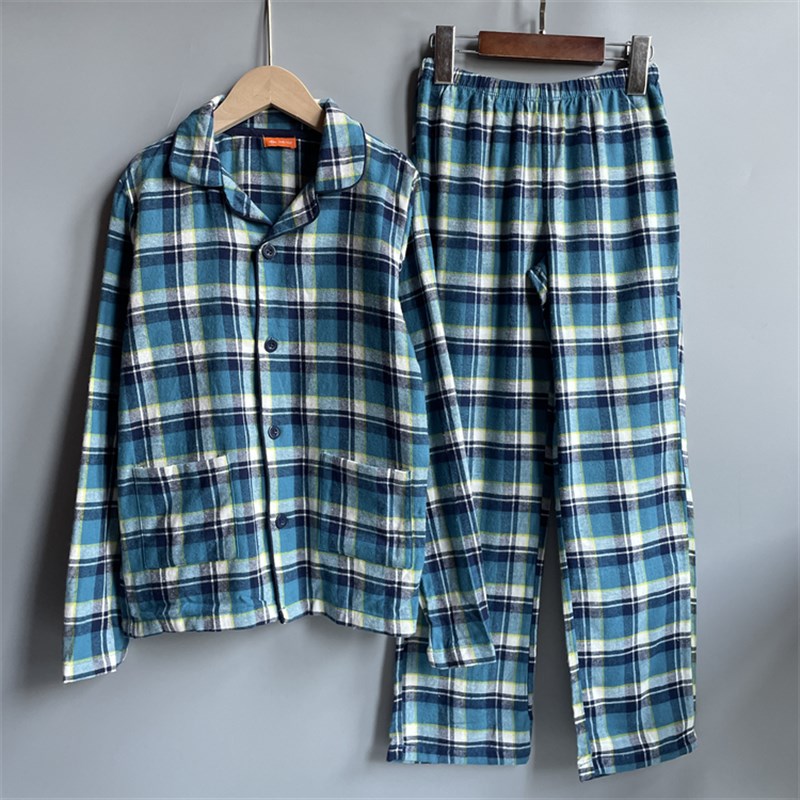 8H3 外贸儿童纯棉格子家居服 春秋款3-16岁男童衬衣领睡衣睡裤