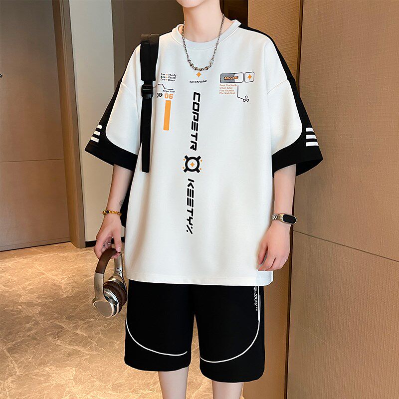 青少年夏季新薄款男孩初中学生短袖t恤大童帅气运动短裤衣服套装图片