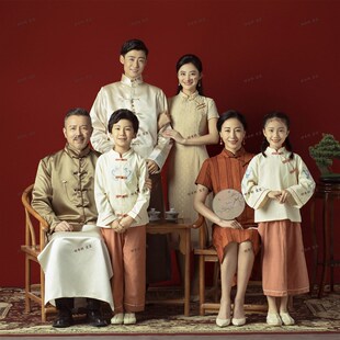影楼亲子装 复古中式 民国风一家六口家庭装 拍照礼服 全家福主题服装
