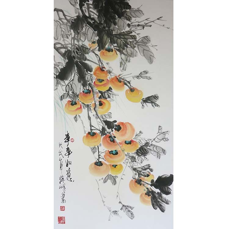 手绘花鸟画事事如意柿子玄关装饰画中式竖版水墨国画字画卷轴挂画,家居饰品,国画,淘宝优惠券,粉丝福利购,淘宝优惠卷
