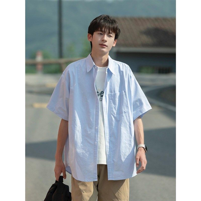 夏季蓝色短袖衬衫男款百搭宽松少年感男生衬衣外套港风休闲上衣服
