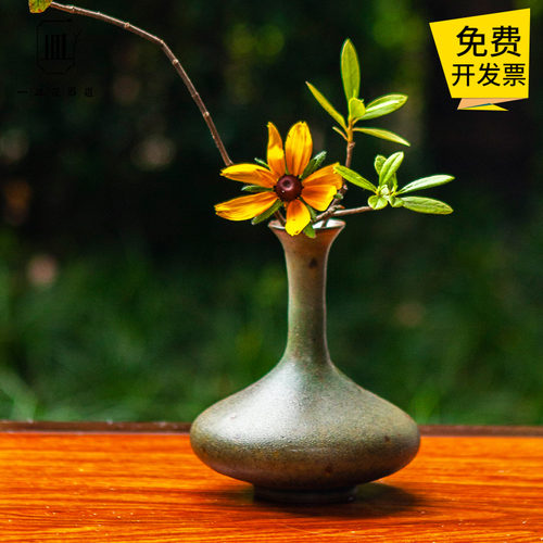 手工复古扁肚瓶小花瓶摆件插花陶瓷中式花器禅意器皿茶席日式花道