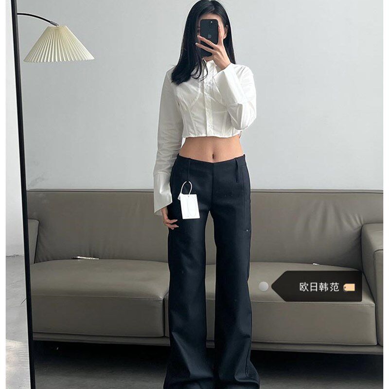 大码黑色复古休闲微喇裤女2024年新款辣妹低腰西装裤拖地长裤子潮图片