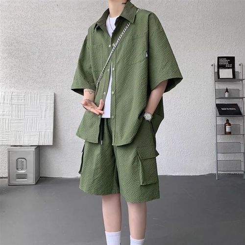 泡泡纱短袖衬衫套装夏季速干冰丝衬衣短裤男生酷帅穿搭运动两件套