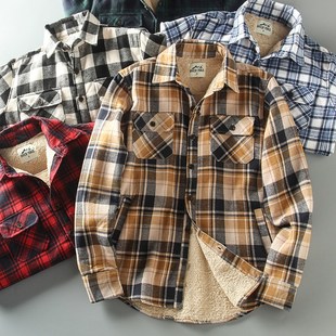 翻领休闲格子衬衫 复古加绒加厚保暖男士 棉服外套潮 美式 外贸秋冬款