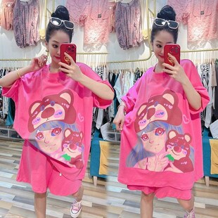 遮肉套装 十三行大码 T恤女宽松上衣短裤 300斤胖mm卡通印花短袖 女装