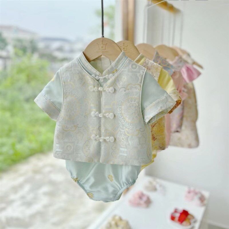 周岁男宝礼服新中式国风唐装冠衣中袖婴儿百日宴抓周服包屁衣图片