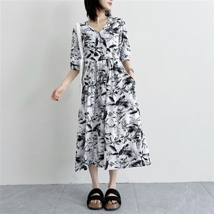 新款 中长裙中袖 连衣裙高腰显瘦大码 百搭人造棉款 V领 时尚 绵绸夏季
