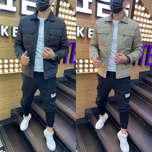 9901秋冬男士季羽绒翻领加厚短款兜盖潮流百搭黑工装外套夹克棉服