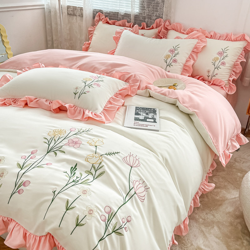 韩版刺绣公主风床单被套床上用品四件套纯棉全棉少女心床笠春夏季,床上用品,床品套件/四件套/多件套,淘宝优惠券,粉丝福利购,淘宝优惠卷