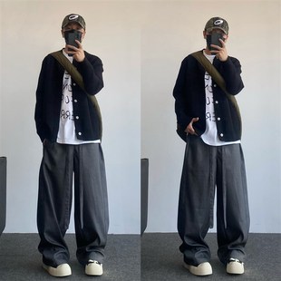 男直筒潮牌宽松阔腿拖地休闲长裤 春夏美式 复古百搭深灰色垂感西裤