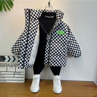 儿童轻薄羽绒服中长版2023新款大童洋派加厚格子女童男童冬季棉衣