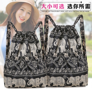 新款花布女士双肩包户外抽绳收口揹包旅游大容量学生揹包妈妈购物