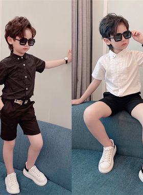 男童小礼服夏款童装演出服英伦风日系短袖白色衬衫潮水钻儿童衬衣
