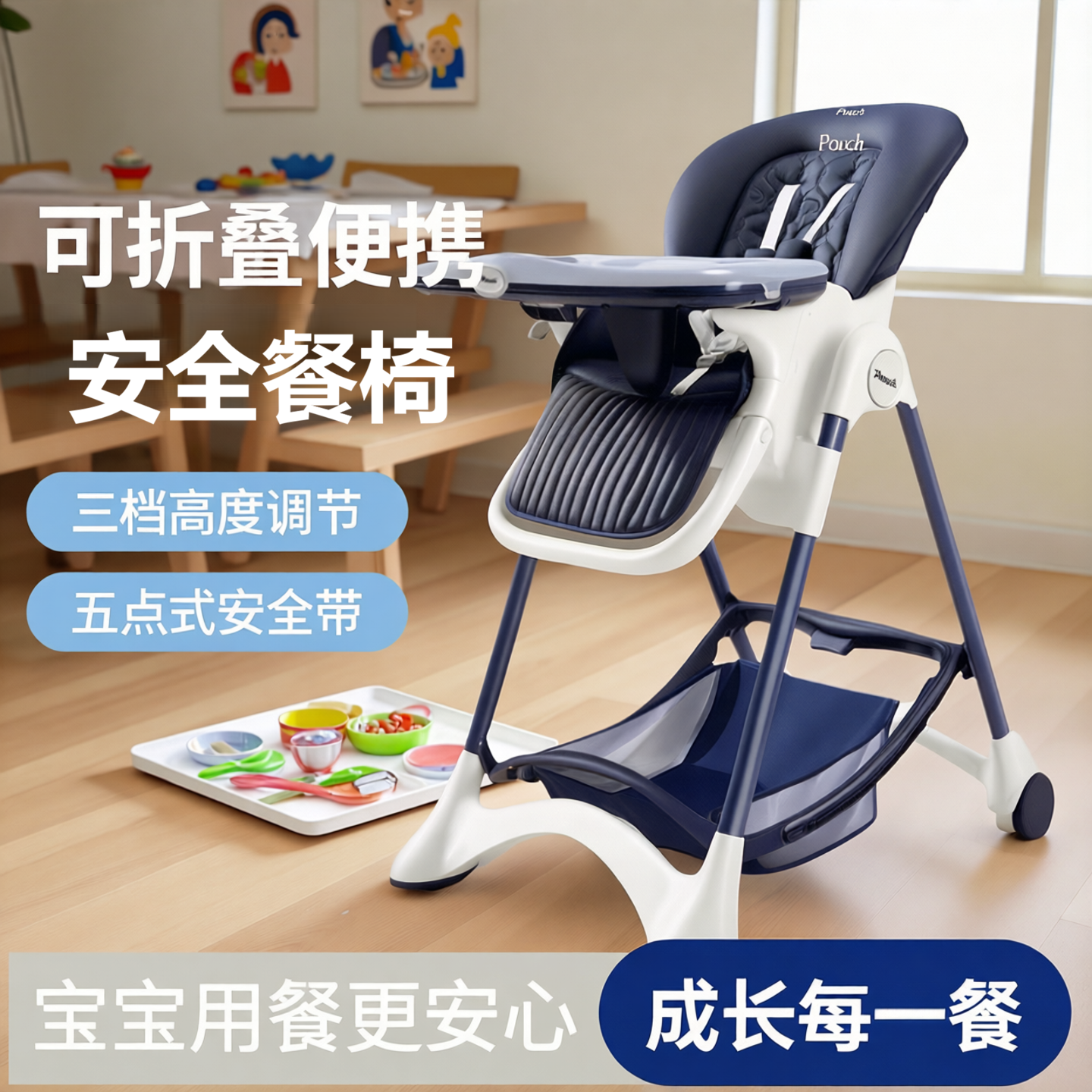 Pouch婴儿儿童餐椅可折叠摇椅便携二合一玩具安全带增高凳宝宝