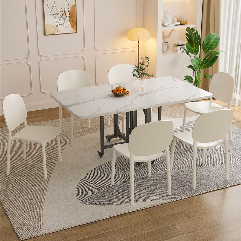 折叠桌家用小户型饭桌p彷岩板简易移动吃饭桌子桌椅奶油风伸缩餐