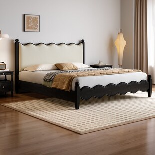 黑色涟漪床简约复古主卧双人实木床白蜡木真皮Q软包床小户型储物