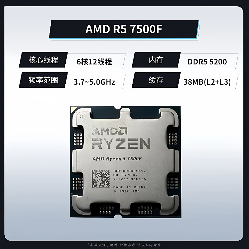 AMD锐龙5 7500F处理器(r5)5nm 6核12线程 65W AM5接口CPU（散片）