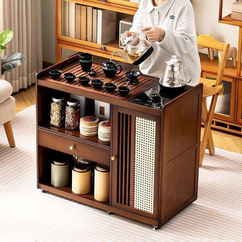 新中式茶水柜移动茶桌家用阳台小茶台实木茶车烧水壶一体沙发边几
