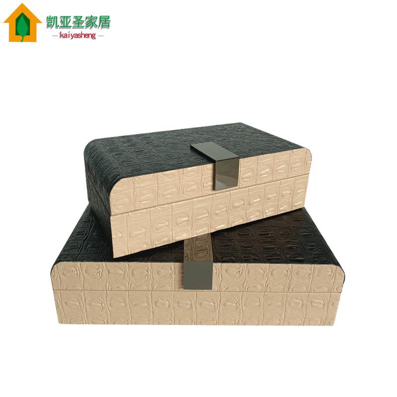 现代轻奢创意卡其黑拼接半圆木质皮革收纳盒样板间卧室桌面家居摆