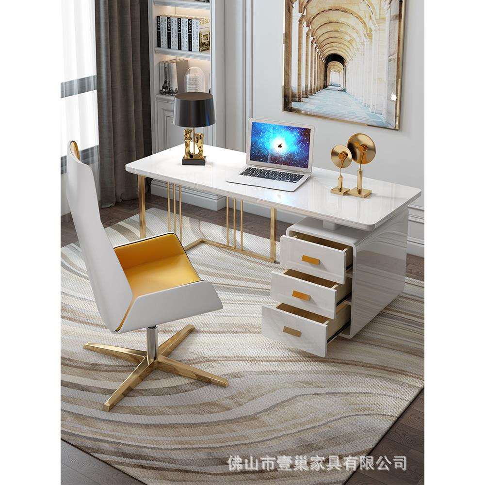 现代简约烤漆办公台桌家用书桌轻奢书桌不锈钢镀钛金总裁电脑桌台