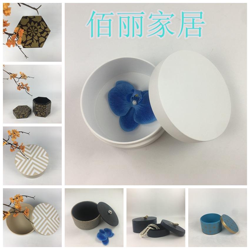 中式时尚软装饰品摆件样板间展厅木质漆面圆盒PU皮圆首饰盒收纳盒