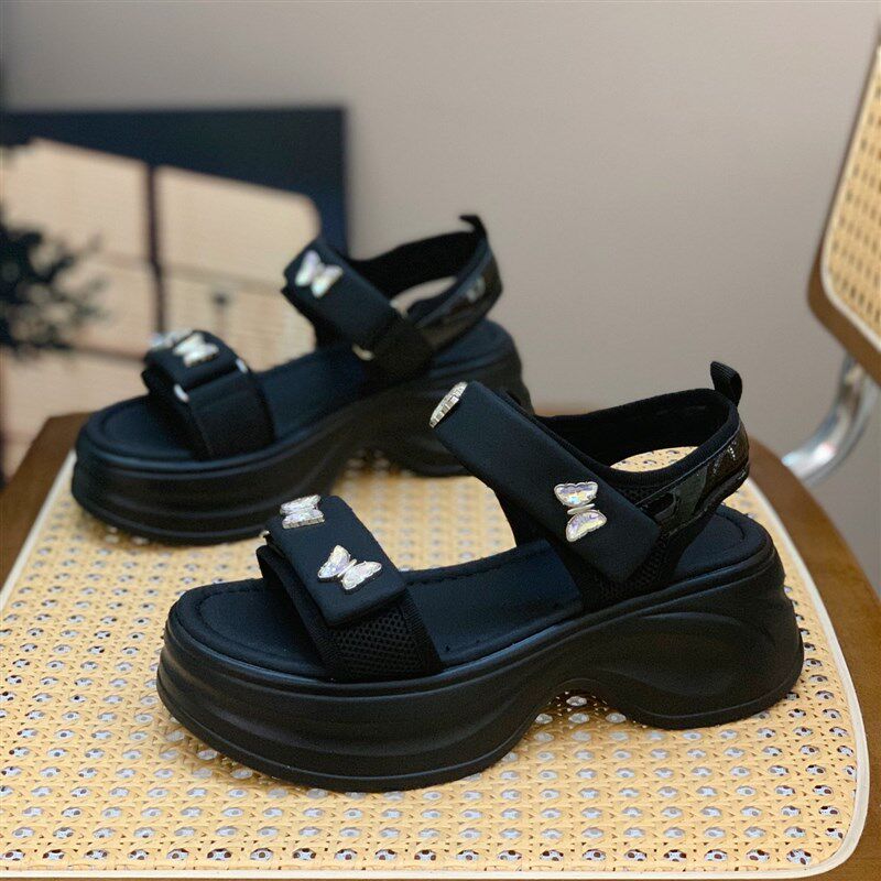 蝴蝶结水钻凉鞋女2025夏季新款百搭魔术贴N一脚蹬轻便增高厚底女