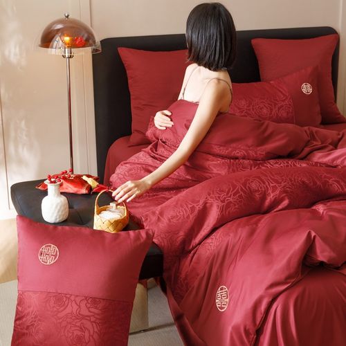 简约160支长绒棉结婚四件套红色印花卉被套纯棉床单婚庆婚房床品4