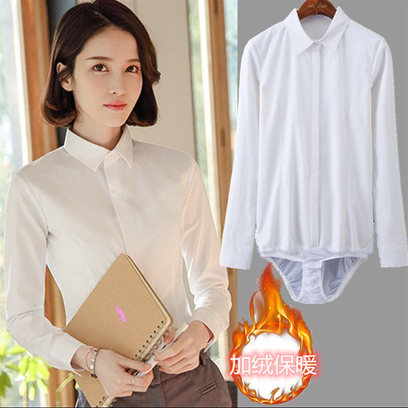 秋冬加厚加绒连体k衬衫女面试装职业工作装连裤衬衣蓝色大码弹力