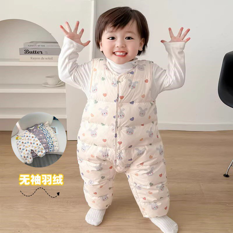 婴儿无袖简洁羽绒服连体衣加厚婴幼儿男女宝宝保暖爬服连身衣冬季