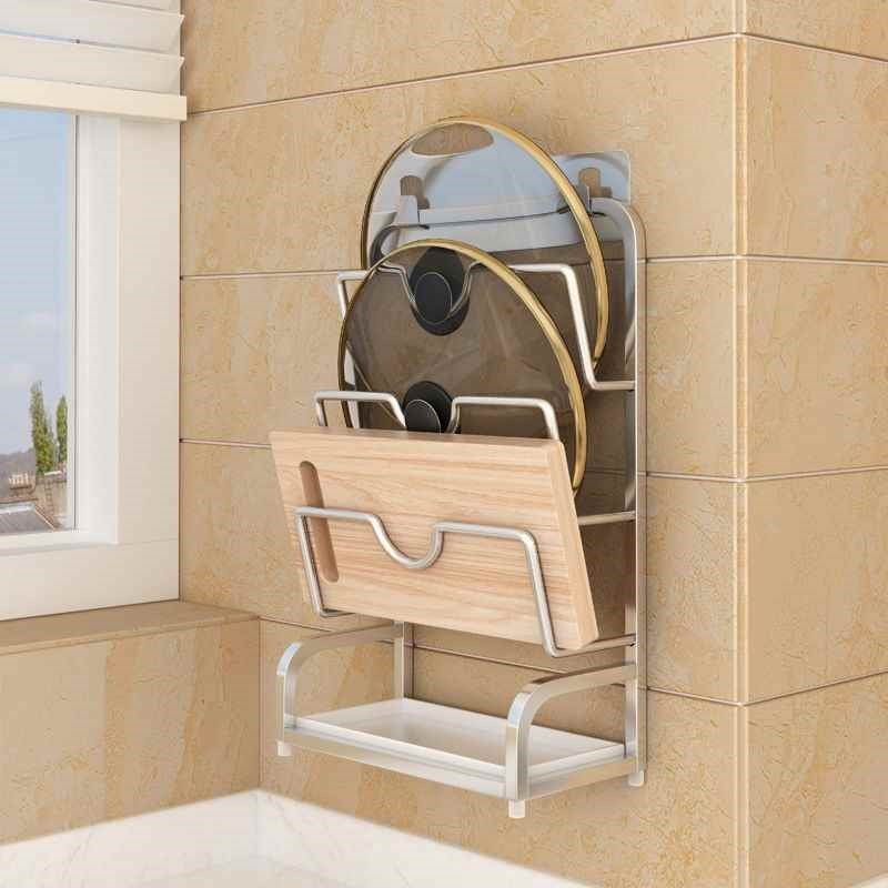 【折扣价】不锈钢锅盖架壁挂免打孔厨房台面坐式T砧板菜板收纳架