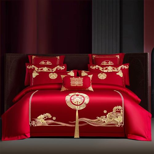 高档结婚四件套红色被套床单喜字刺绣被罩新婚庆床上用品陪嫁婚房
