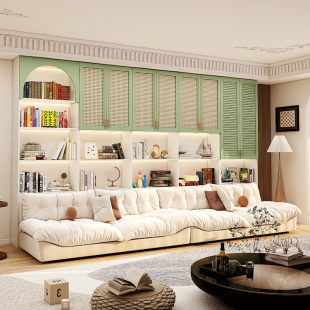 实木书柜沙发一体整墙沙发背景墙组合G柜家用收纳玻璃门储物柜定