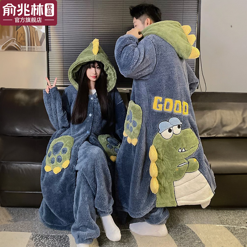 情侣睡衣女款秋冬季加绒加厚男士睡袍珊瑚绒冬天法兰绒浴袍家居服