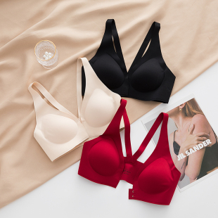 无痕美背前扣内衣女聚拢无钢圈薄款大胸显小结婚红色本命年文胸罩