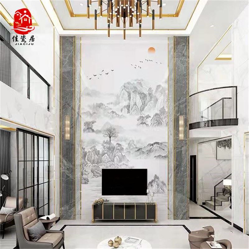 客厅电视背景墙别墅新中式岩板墙复式H楼微晶石瓷砖影视人造大理