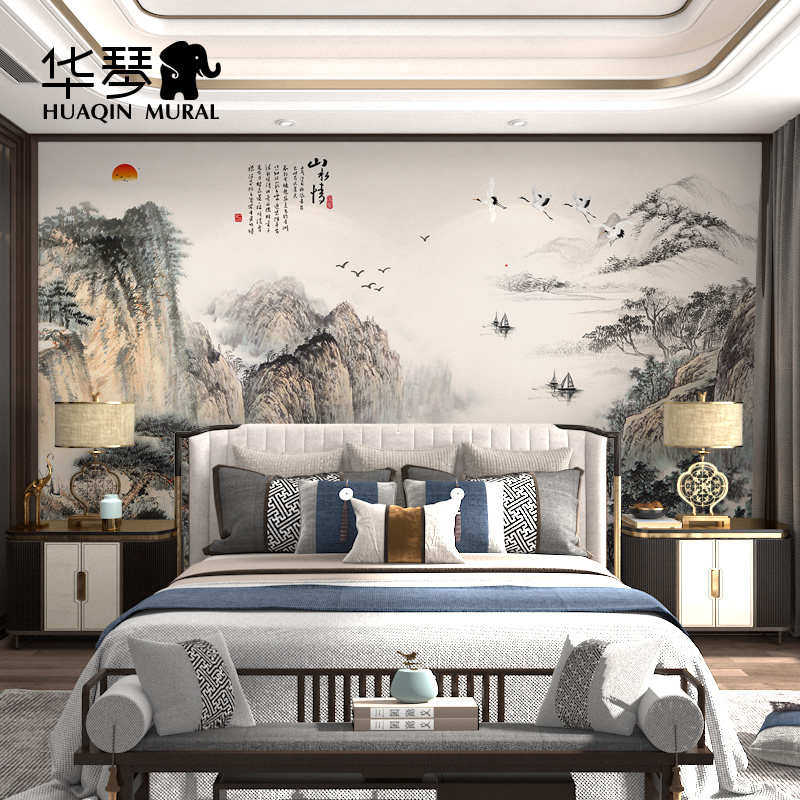 新中式水墨写意大型国画电视背景墙壁纸客厅沙发墙纸墙布壁布定