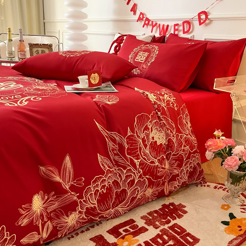 婚庆四件套大红色高级感被套床单全棉新婚房喜被结婚床上用品