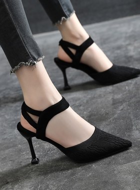 一字带黑色高跟鞋细跟不累脚大码女鞋41-43包头凉鞋女夏尖头单鞋