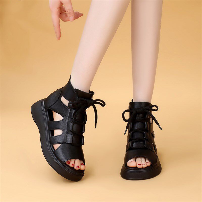 凉靴子厚底罗马凉鞋女2025夏季新款鱼嘴镂空露趾靴U软底马丁靴女