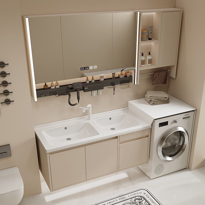 奶油风陶瓷双盆i一体盆洗衣柜组合卫生间洗手盆洗脸盆柜洗漱台浴
