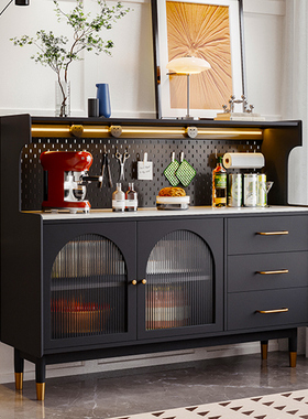 黑色岩板餐柜全实木现代家用洞洞板靠墙G一体边柜收纳整体橱柜茶