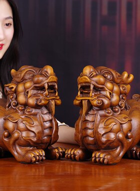 纯实木雕中式古典貔貅摆件一对木质皮丘招财手工艺品玄关客厅摆设