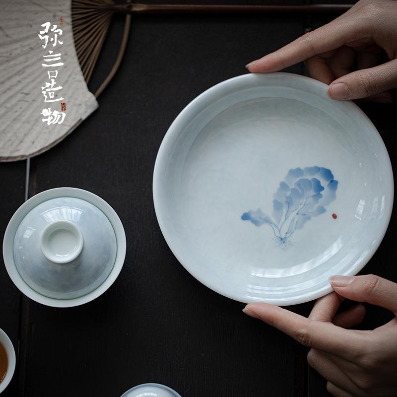 弥言青花纯手绘白菜陶瓷壶承家用茶台手工干泡盘家用养壶茶承中式