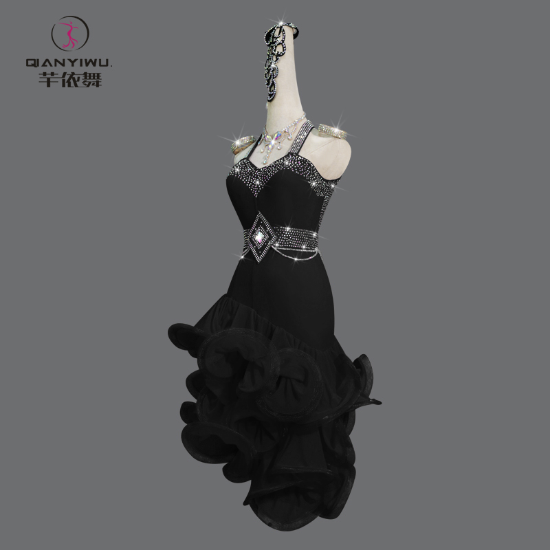 新款黑色拉丁舞裙女式舞蹈表演出比赛服装标准艺考儿童花服钻