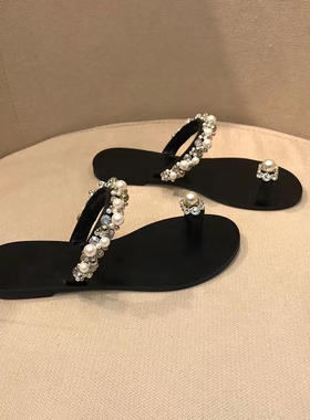 大码水钻珍珠黑色凉拖n鞋女夏季外穿新款夹脚一字带凉拖小码31323