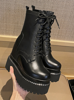 秋冬季新款时尚厚底松p糕跟黑色马丁靴加绒超高跟12cm内增高短靴