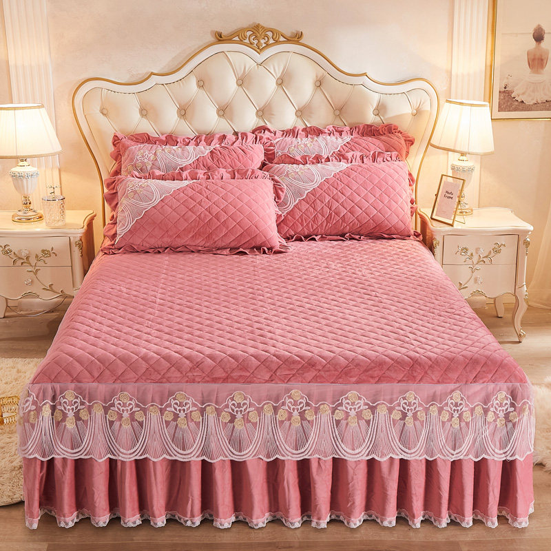 夹棉蕾丝水晶绒床裙三件套保暖床罩单件单人双人加厚防滑裙式1.8m,床上用品,床裙,淘宝优惠券,粉丝福利购,淘宝优惠卷