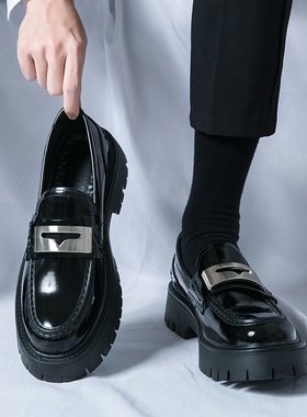 皮鞋男士秋季漆皮亮面正装商务黑色厚底懒人乐福R豆豆鞋新郎结婚