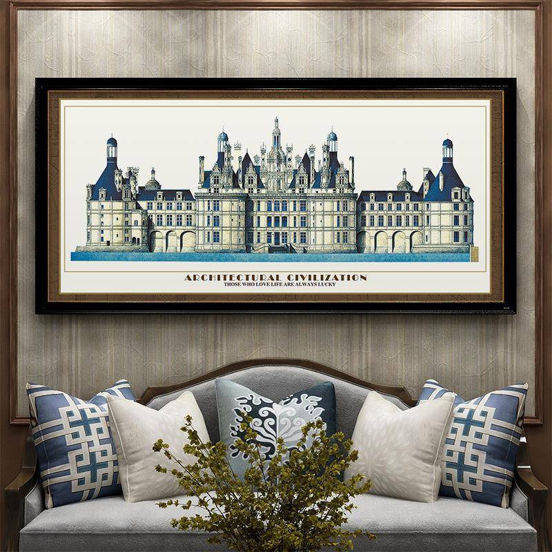 美式风格建筑装饰画简美客厅沙发背景墙挂画复古大气横版壁画